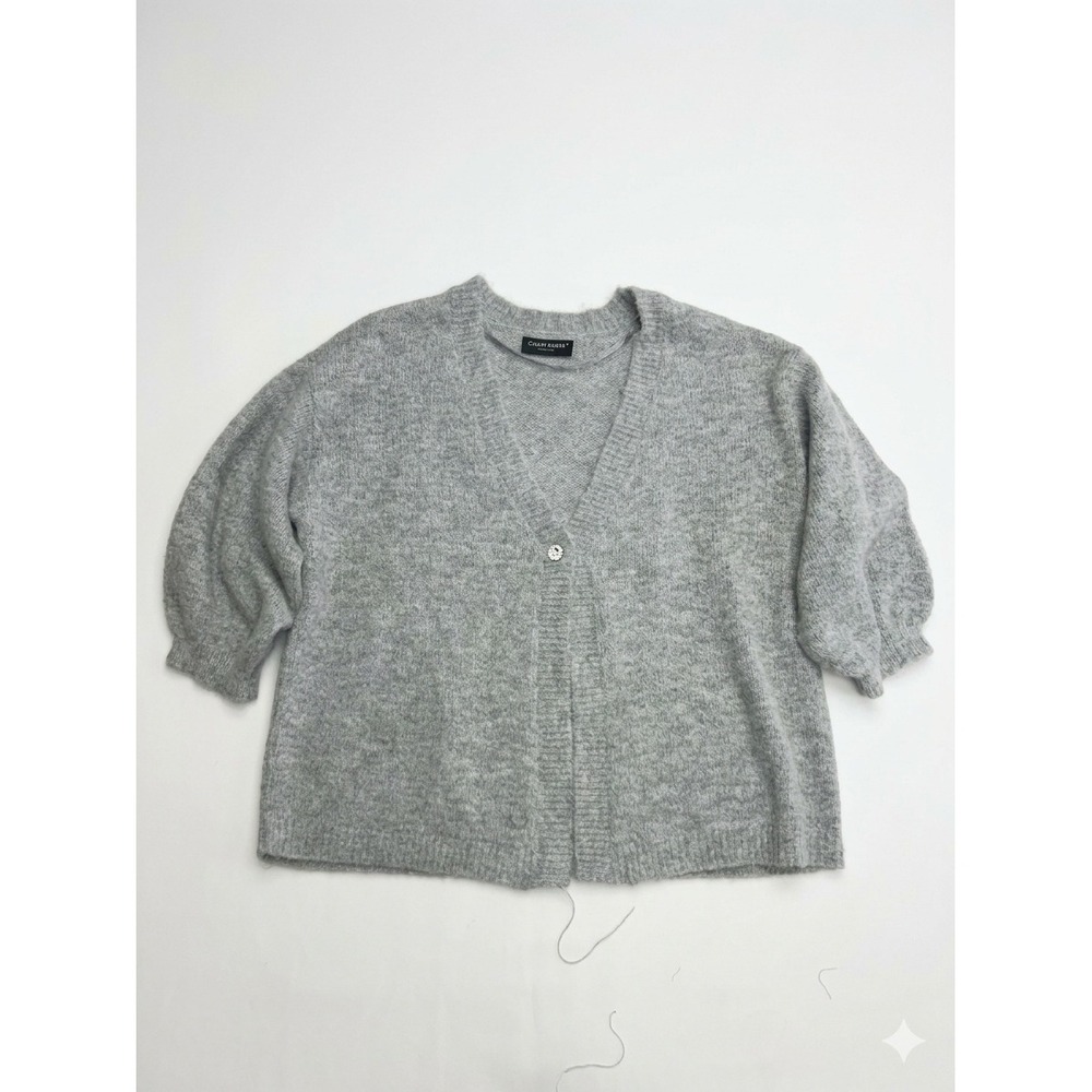 Lane Bryant Cardigan Women 14/16 Gray Excellent Wool Blend Puff Rhinestone